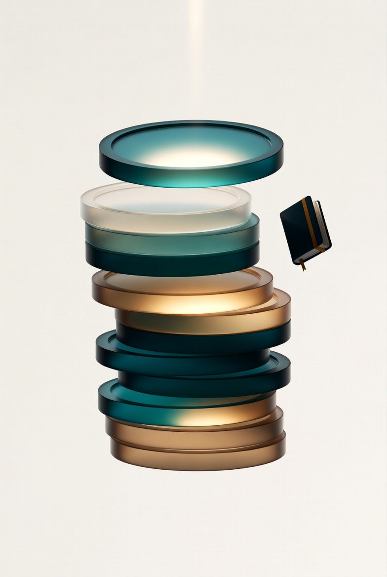 Abstract stack of glowing translucent coin-like disks representing a travel budget