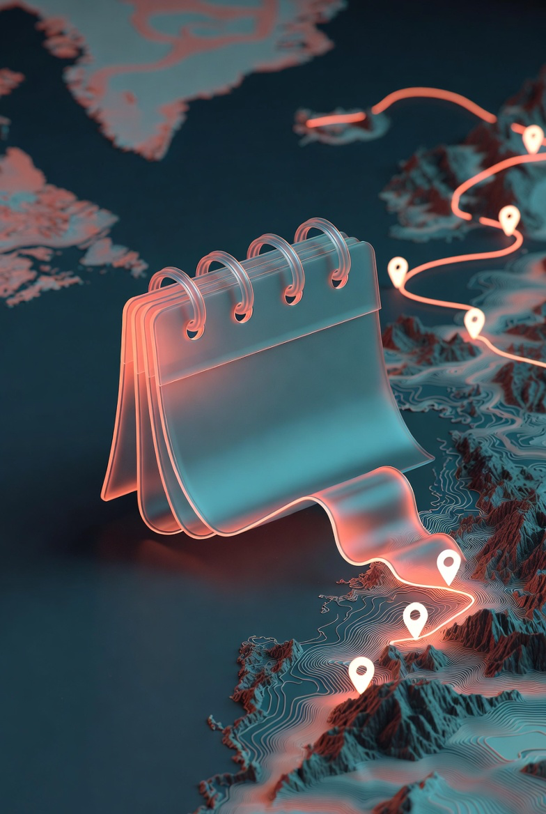 Glowing multi-day travel route unfolding over a soft topographic map