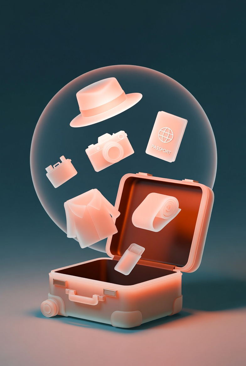 Open minimalist suitcase with glowing translucent travel essentials floating out