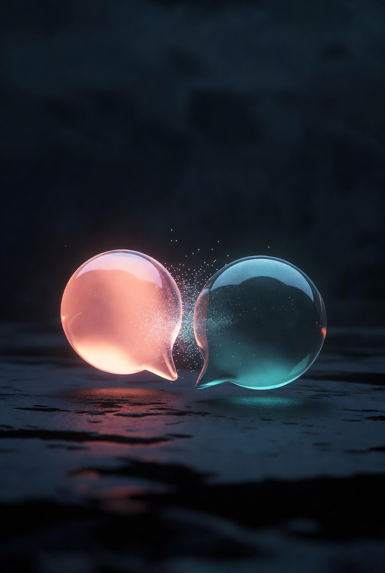 Two glowing orbs connected by a bridge of light representing a cross-language conversation