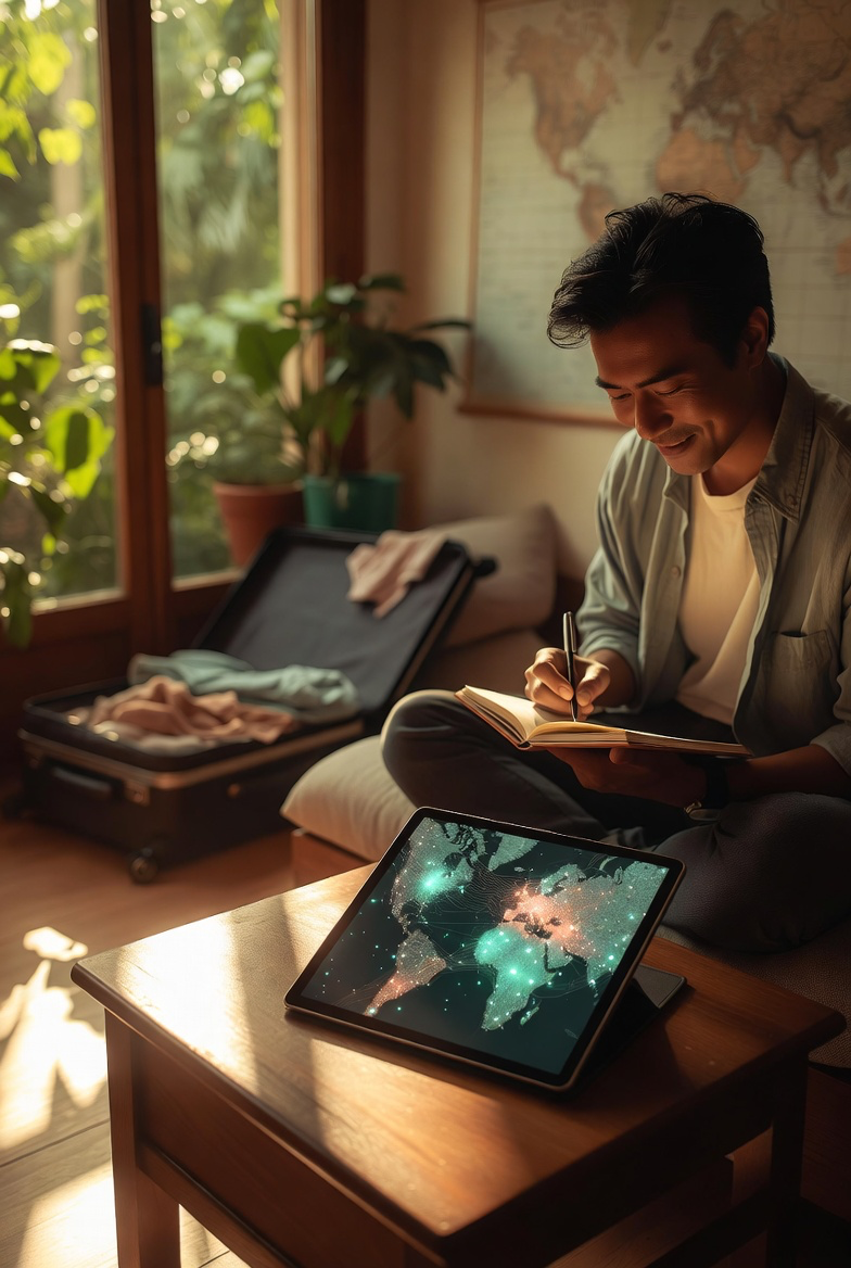 A traveler planning a trip in a sunlit room with a notebook and a tablet showing a glowing world map