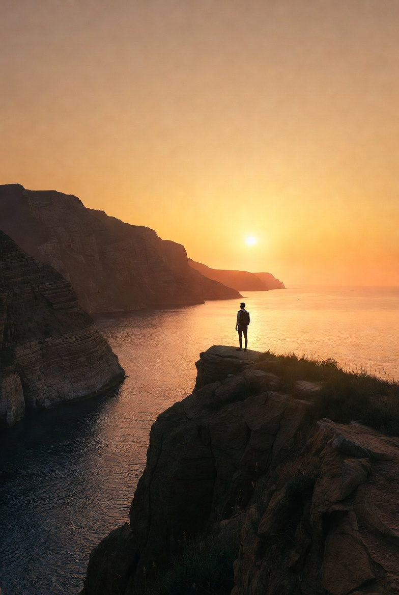 A solo traveler looking out over a dramatic coastal landscape at sunset